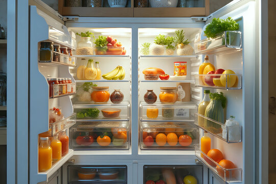 Front View of open two door fridge or refrigerator door filled with fresh fruits, vegetables, juice, full of healthy food items and ingredients inside