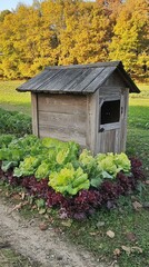 A small wooden shed surrounded by vibrant lettuce plants in a rural setting.