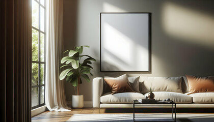 Frame Blank framed poster above a sofa in a living room, natural light streaming in through a window, cast2