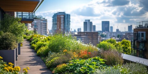 Fototapeta premium Modern rooftop garden with lush greenery and city skyline views under a bright sky.