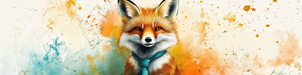 Obraz premium cute fox Watercolor illustration. in a tie. cheerful romantic atmosphere. strong feelings. place for text. 