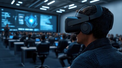 Attendees at a technology conference engage with cutting-edge virtual reality equipment, surrounded by large screens displaying data and graphics in a breathtaking venue