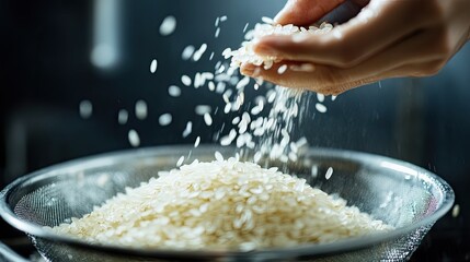 Hand Sifting Rice Through Strainer with Black Background