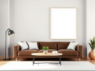 A mockup of a living room wall art featuring a frame with a preview of the artwork, wall art, empty, design