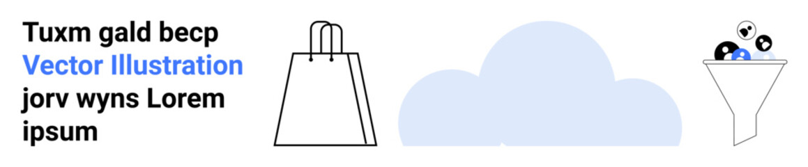 Shopping bag outlines, cloud graphic, and funnel with icons representing a selection process. Ideal for e-commerce, digital marketing, data sorting, conversion optimization, online retail strategies