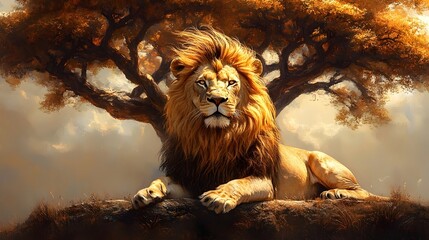 A lion is laying on a rock next to a tree