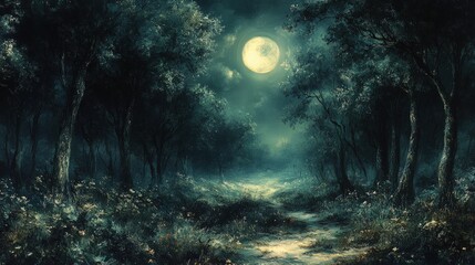 Moonlit forest path, trees, mystical ambiance.