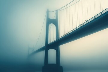 Magnificent suspension bridge at dawn shrouded in mist, iconic infrastructure and natural beauty