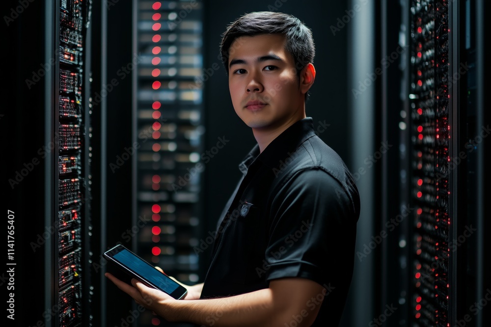 Aufkleber young technician with tablet studying server cabinets in data center for cyber network security