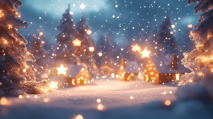 Obraz premium Snow-covered Village With Christmas Lights And Snowflakes