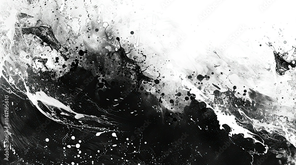 Poster abstract black and white artwork with splashes and fluid patterns.