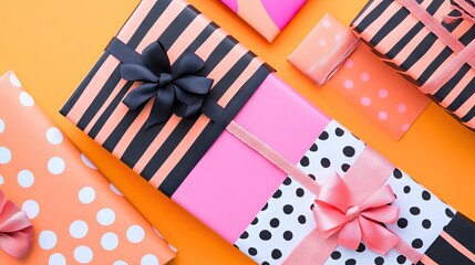 Obraz premium Colorful Gift Wrapping with Bow on Bright Orange Background