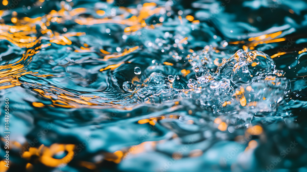 Aufkleber abstract close-up of water droplets splashing, creating dynamic textures and reflections of teal and