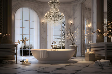 Luxurious Bubble Bath in Elegant and Sophisticated Bathroom Interior Design with Grand Chandelier