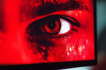 Cybersecurity breach warning on a computer screen featuring a vivid red eye symbolizing a detected spy software or virus threat