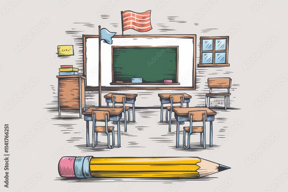 Poster a sketch of an empty classroom with desks and a blackboard