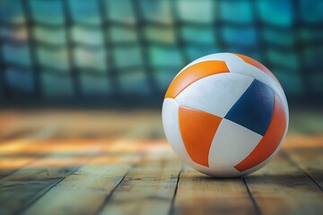 Volleyball Ball on Blurred Wooden Parquet Background 
