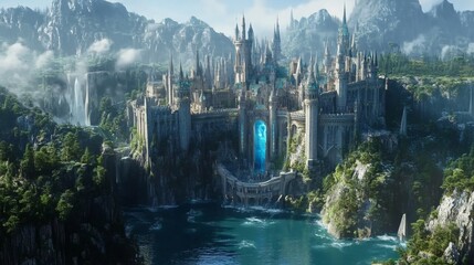 Fototapeta premium Majestic fantasy castle nestled in a lush green valley with waterfalls and a serene lake.