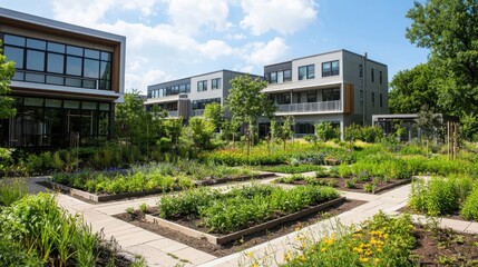 Energy efficient residential complex with green buildings and urban spaces in a sustainable community environment