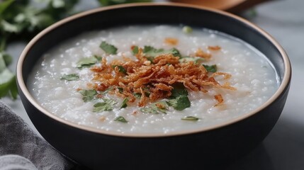 Delicious and Creamy Rice Porridge with Crispy Garnish