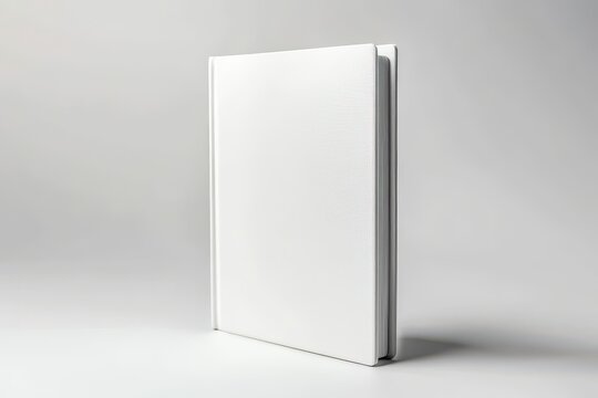 White notebook closed and standing upright against a neutral background