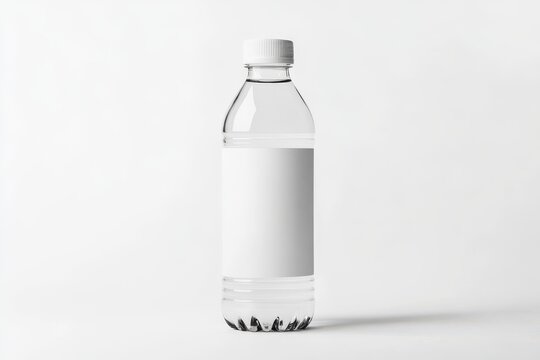 White plastic water bottle with a blank label and white background