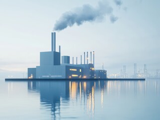 Obraz premium Seaside industrial power plant with chimneys releasing minimal smoke, clean energy and industrial transition