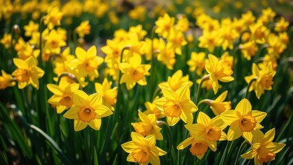 Obraz premium Vibrant yellow daffodil flowers blooming in a sunlit field, bloom, sunlight