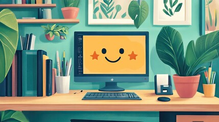 Fototapeta premium Cheerful Workspace with Smiling Monitor and Lush Greenery