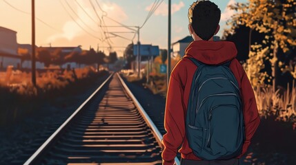 Walking Along Train Tracks with Stretching Shadows