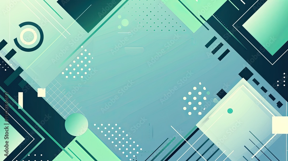 Poster abstract geometric design with shapes and patterns in a cool color palette.