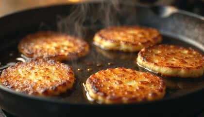 Golden Latkes Sizzling in Cast Iron Skillet