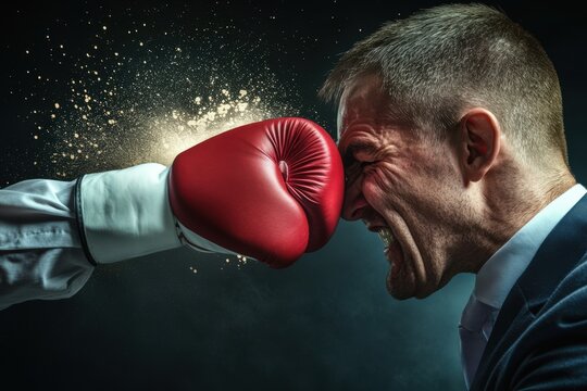Businessman is being punched by his opponent who is wearing boxing gloves