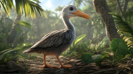 Fototapeta premium Cute, fluffy, prehistoric bird walks through lush tropical forest.