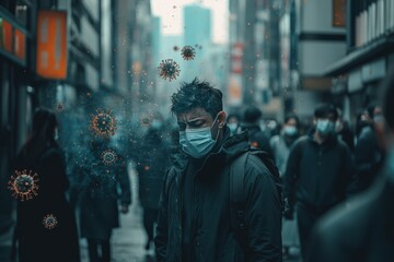 Group of people wearing masks in a crowded urban with virus particles subtly overlayed in the air