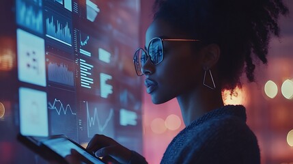 Investor analyzing real estate investment trends with a digital tablet and graphs 