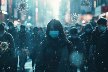 Group of people wearing masks in a crowded urban with virus particles subtly overlayed in the air