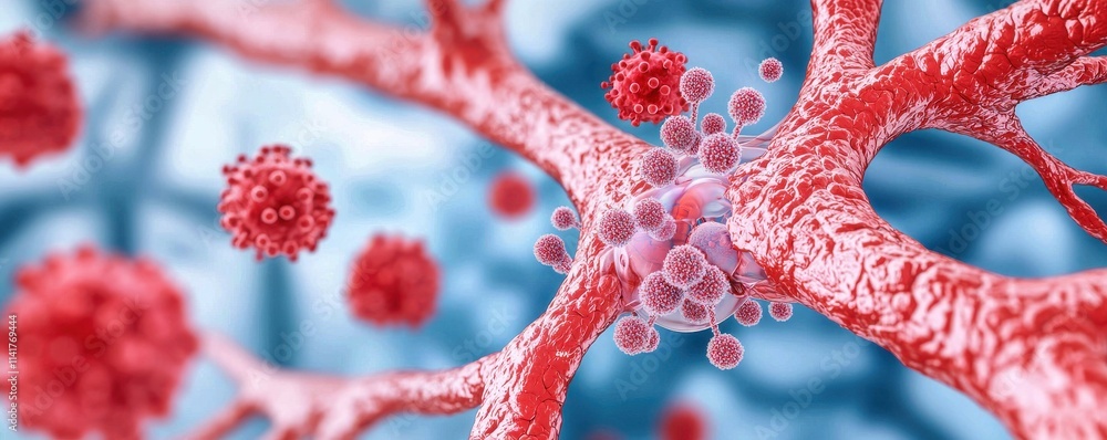 Poster a close-up view of red neurons with virus particles, highlighting the interaction between neural cel