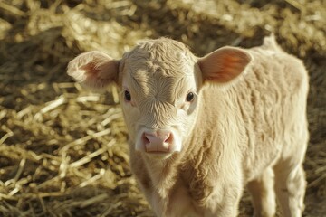Obraz premium Cute, light beige calf stares directly at camera, surrounded by straw.