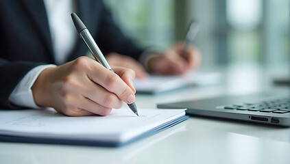 A professional setting where hands are holding a pen, writing notes on a notepad, with a blurred office background. A sleek table and laptop are partially visible