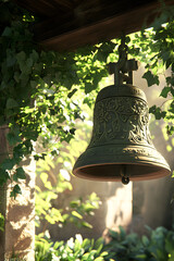 Ancient Bronze Bell Amidst Verdant Garden Vines Under a Gentle Sunlit Canopy