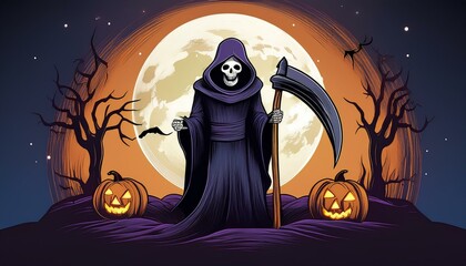 Halloween Scene - Grim Reaper With Scythe And Halloween Moon