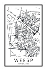 Printable downtown road map poster of the Dutch city of WEESP on solid white background with city name