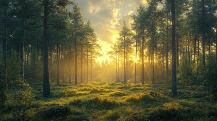 Obraz premium Sunlit forest path, golden hour, peaceful nature.
