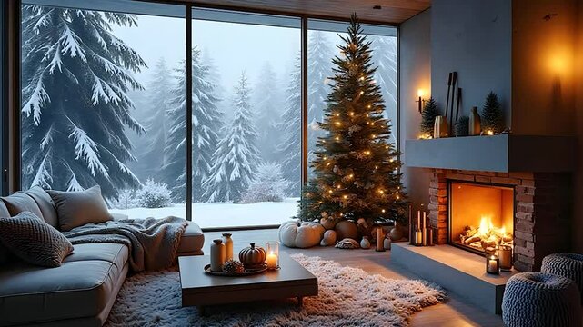 Cozy Winter Living Room with Christmas Tree and Fireplace