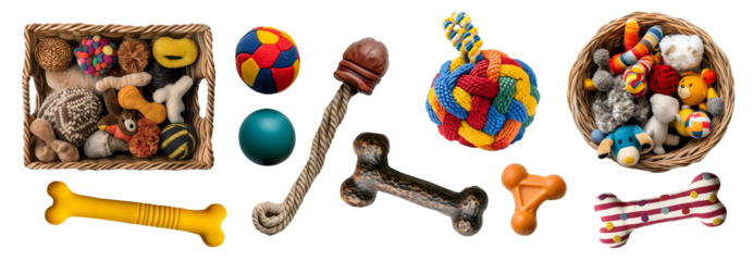 Collection set of basket full and individual toys accessories for animal pet, cat, dog on transparent cutout PNG. Many different chew play teething toy. Mockup template for design	
