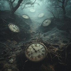 Timeless Enigma: Surreal Path Through a Dark Forest with Antique Clocks