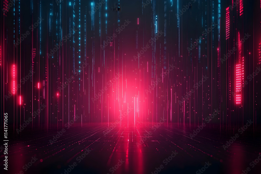 Poster abstract digital data stream background with red and blue glowing lines.