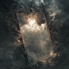 The Path to Enlightenment: A celestial portal emerges from the clouds, radiating ethereal light in a surreal and otherworldly scene. This captivating digital art piece evokes a sense of mystery, hope.
