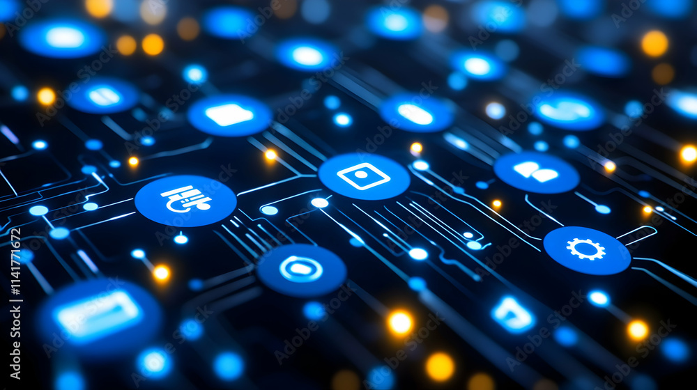 Poster abstract digital network with glowing icons and circuit board.